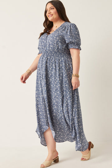 HY2441W Blue Plus Ditsy Floral Buttoned Maxi Dress Full Body